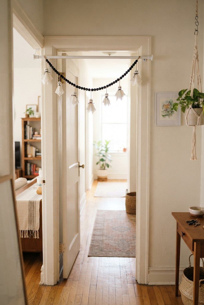 Tension rod in a doorway with hanging ghosts and garland