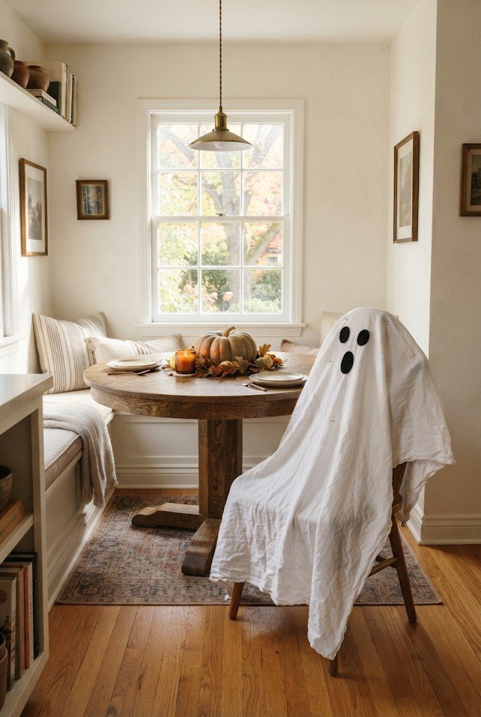 Dining chair covered with a white sheet ghost with black eyes