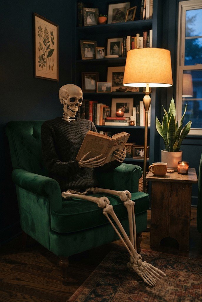 Full-size plastic skeleton sitting in an armchair reading a book