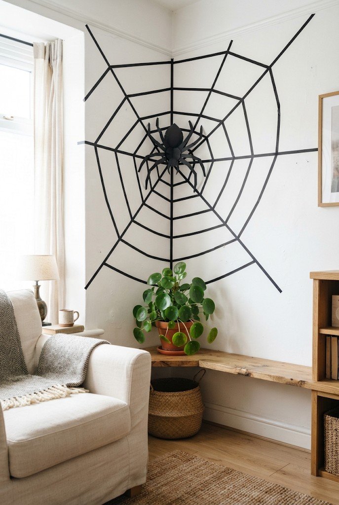 Black washi tape spiderweb design on a white wall