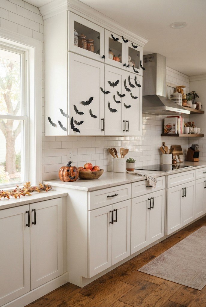 Black vinyl bat decals flying across white kitchen cabinets