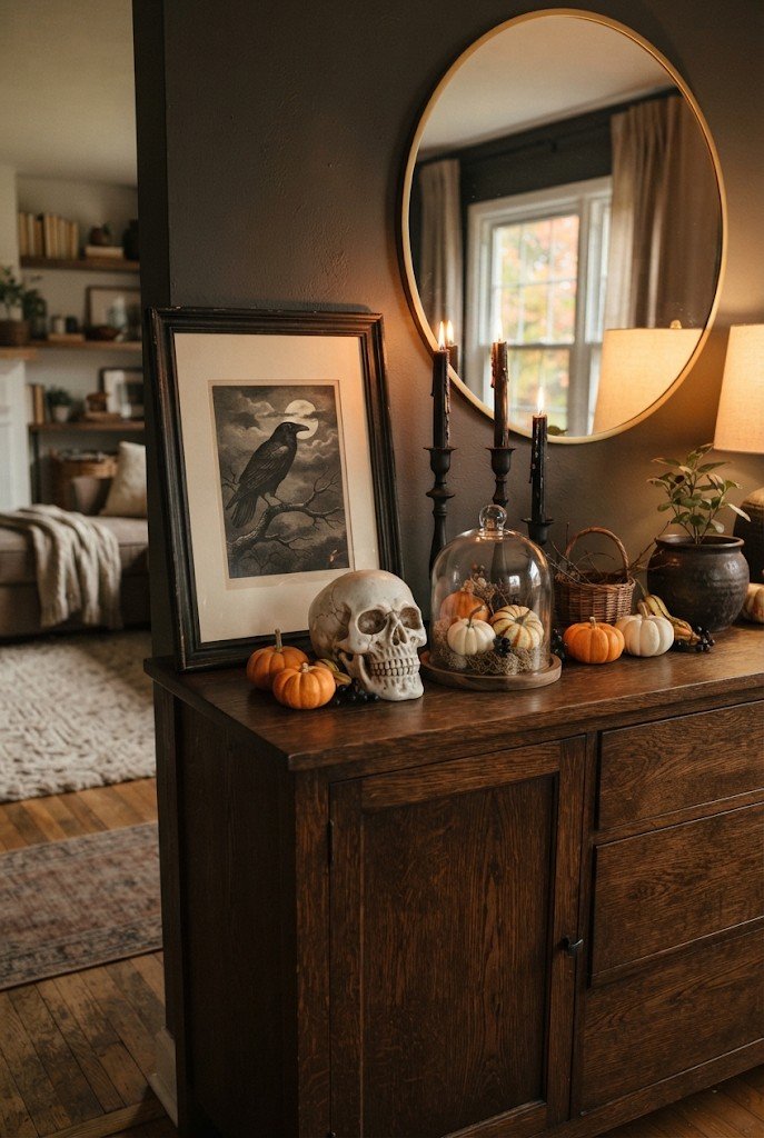 Halloween tabletop vignette on a sideboard with candles and skulls