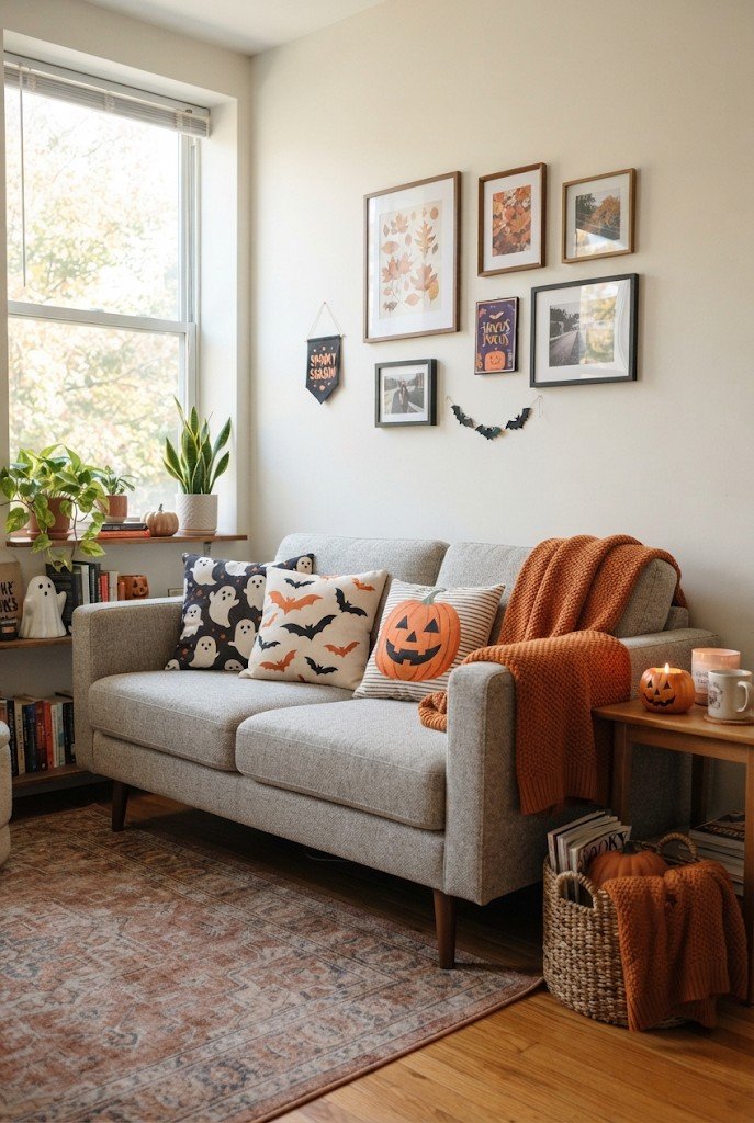 Halloween pillow covers on a sofa in a rental apartment