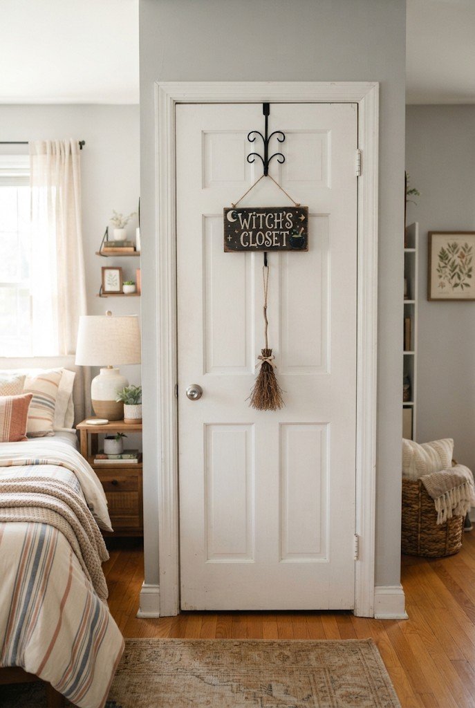 Over-the-door hanger holding a spooky sign on a closet door