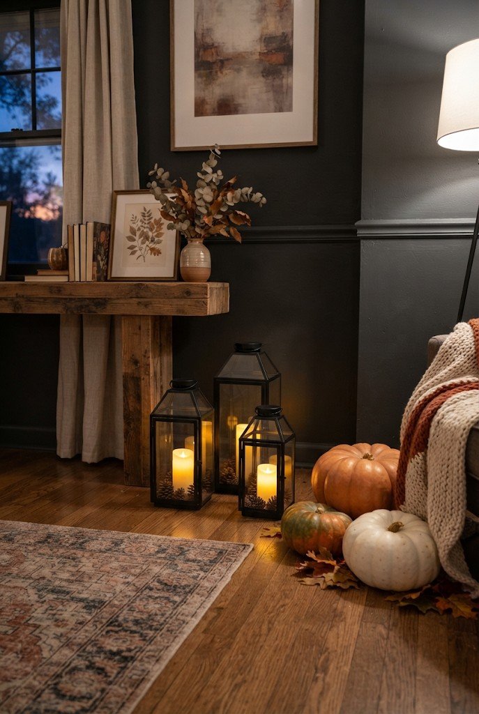 Group of floor lanterns and pumpkins in a living room corner