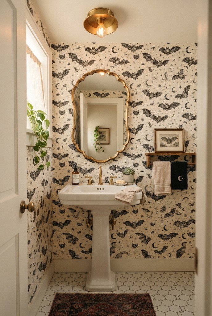 Peel-and-stick Halloween wallpaper on a small powder room wall