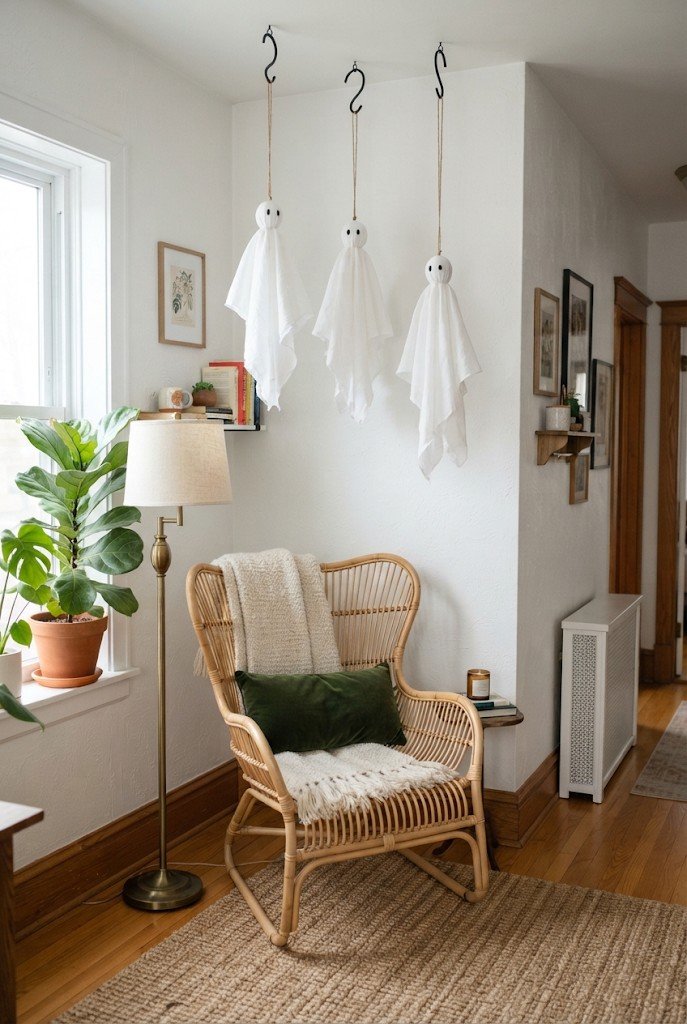 Fabric ghosts hanging from existing ceiling plant hooks
