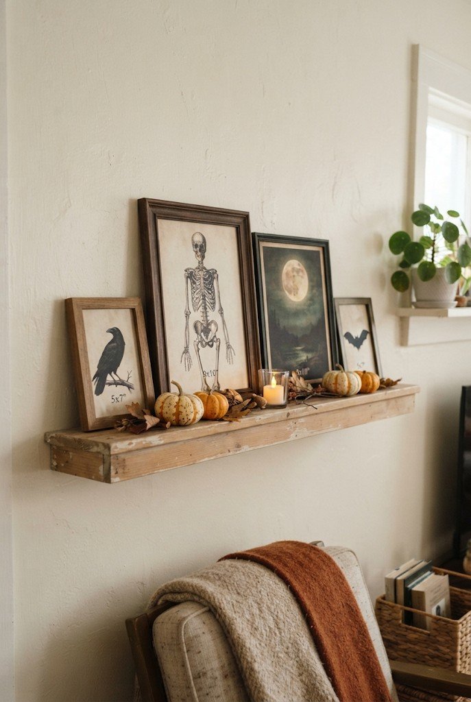 Picture ledge with leaning spooky Halloween prints