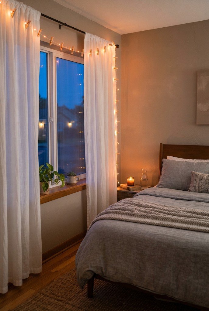 Battery orange string lights clipped to bedroom curtains