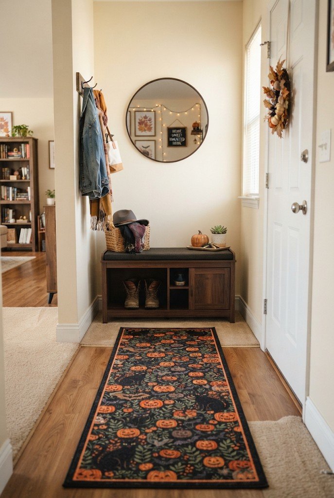 Halloween patterned rug in a small apartment entry