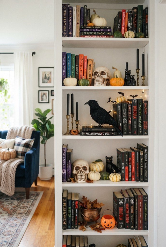 Bookshelf styled for Halloween with skulls, candles and pumpkins