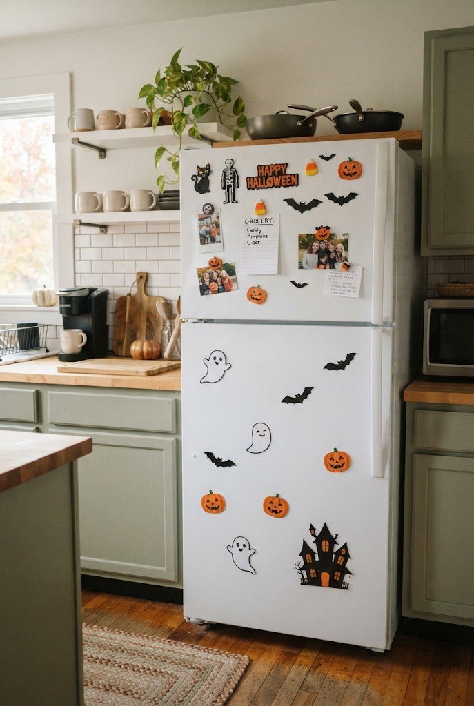 Halloween magnets and decals on a white refrigerator