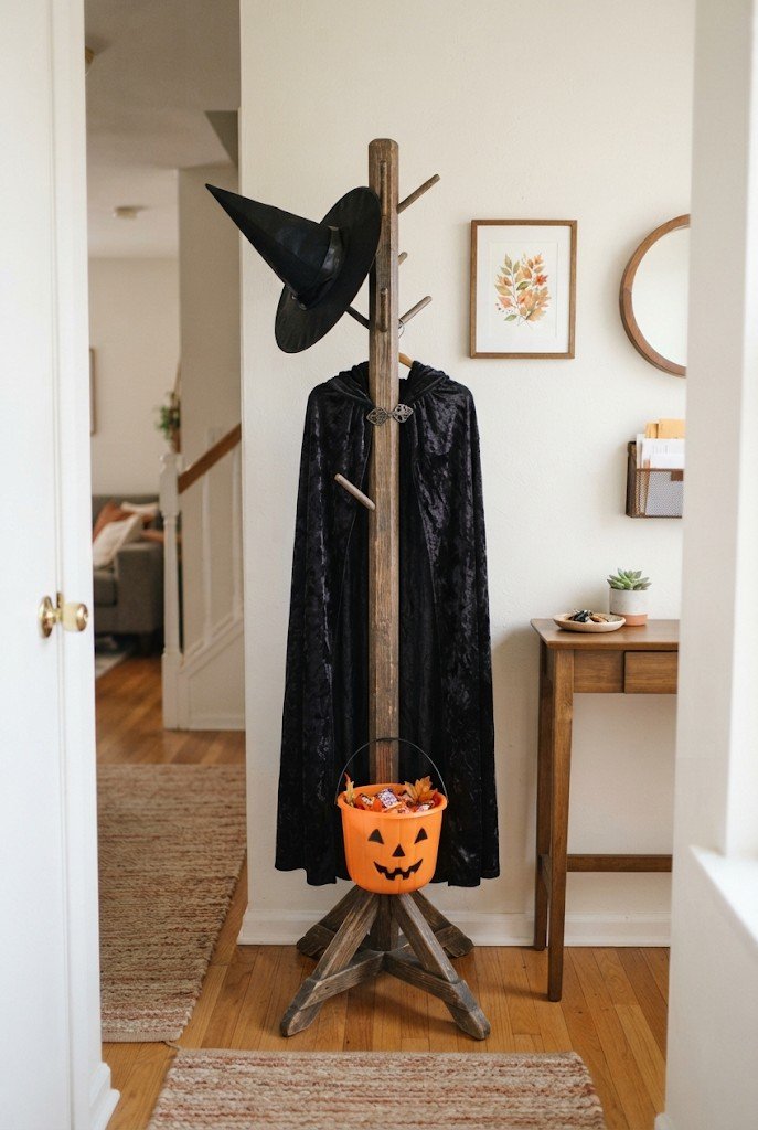 Freestanding coat rack with witch hats and capes in an entry