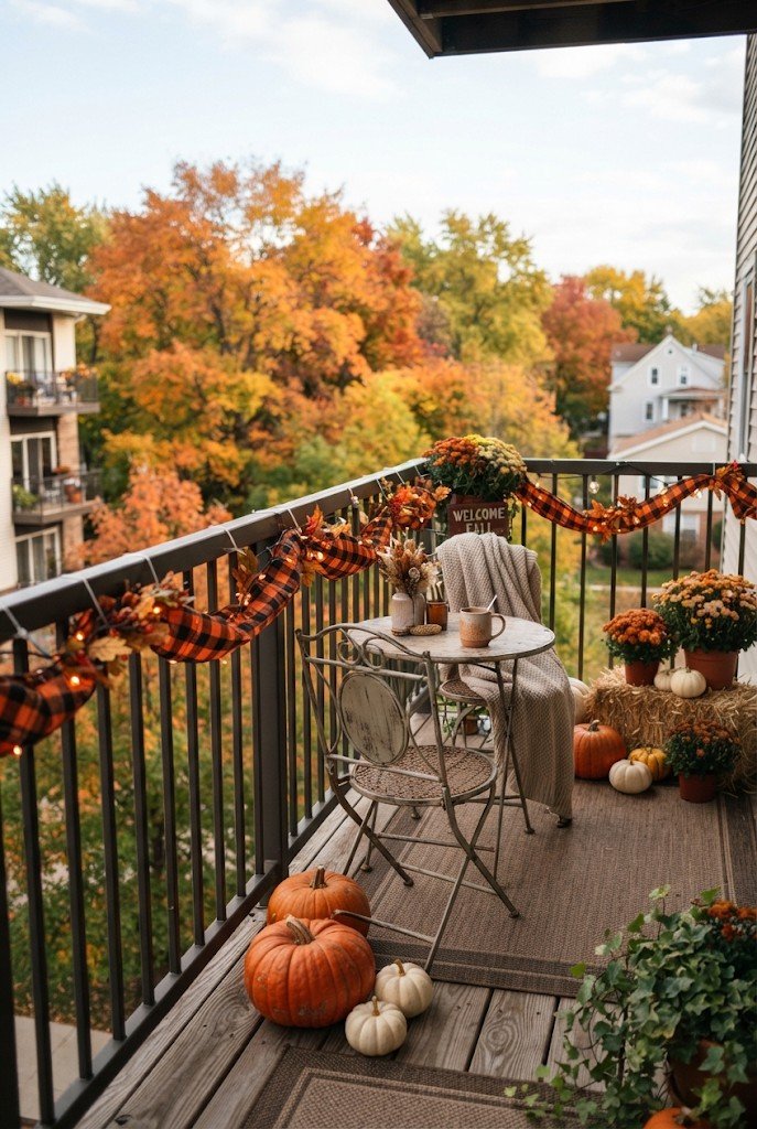 Apartment balcony railing with Halloween garland and pumpkins