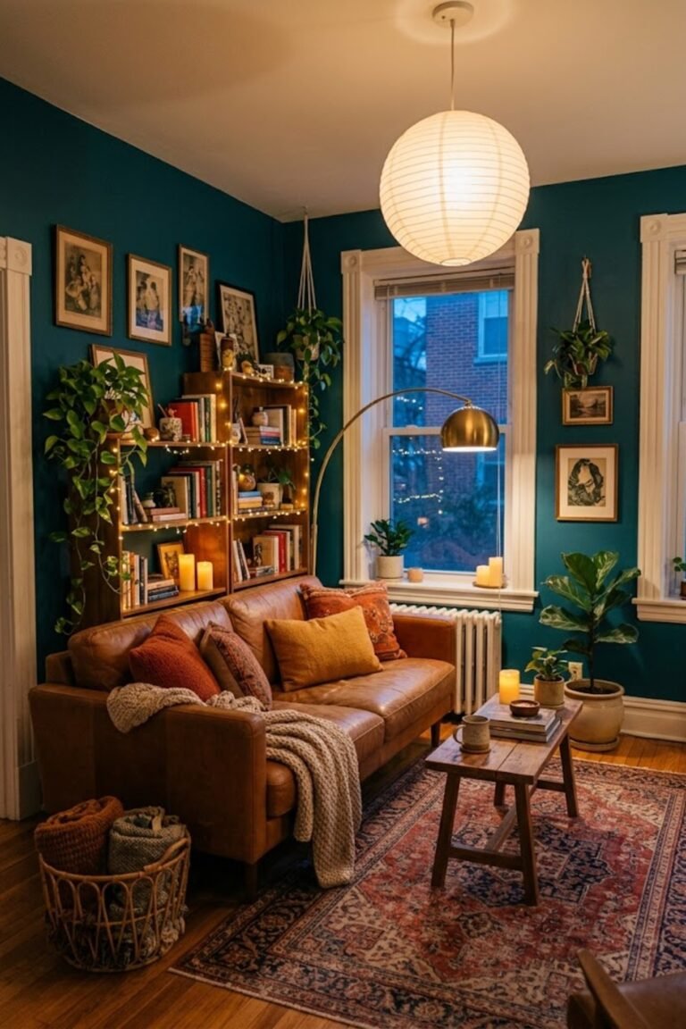 Cozy small apartment living room glowing with layered renter-friendly lighting