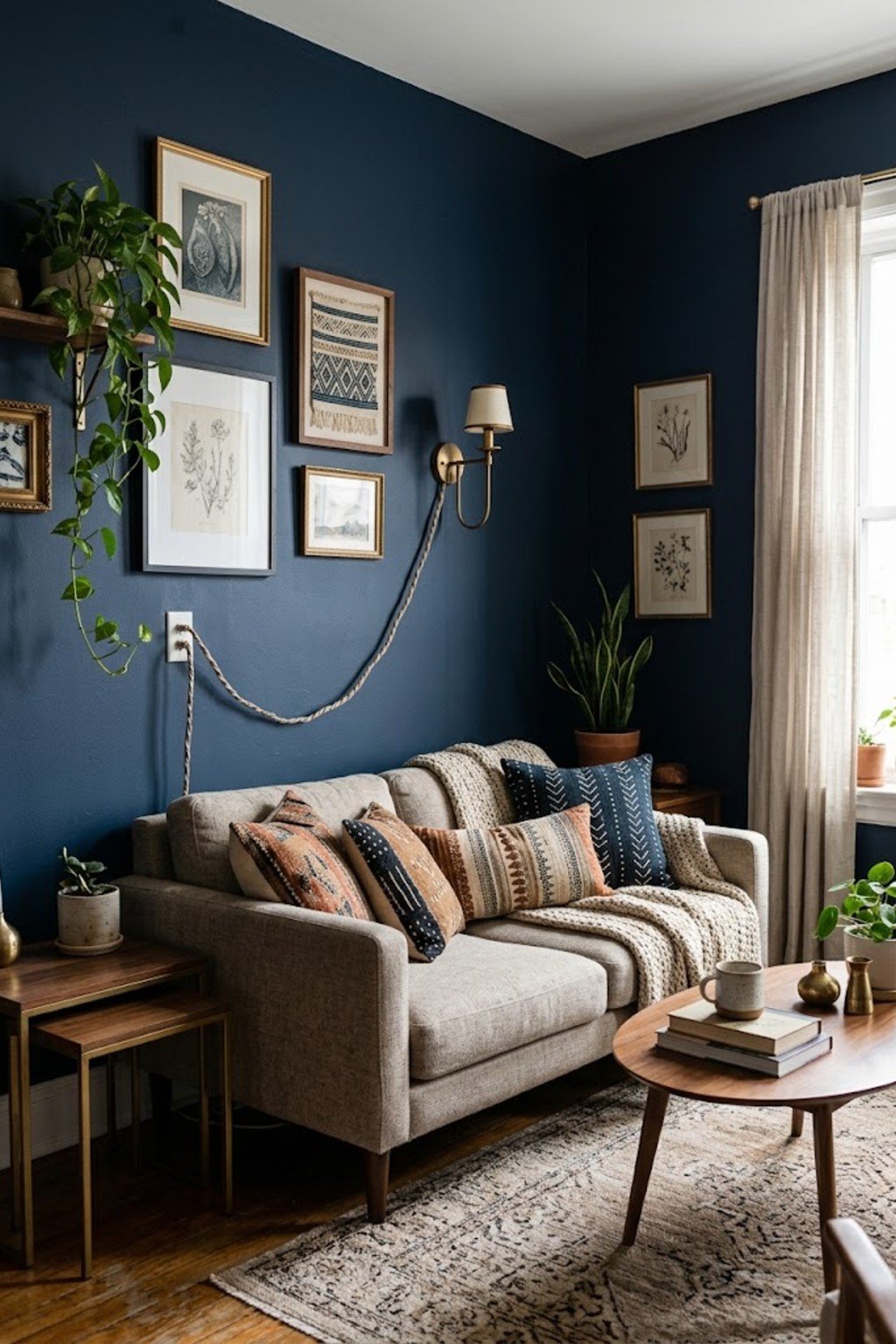 Plug-in brass wall sconce above a linen sofa in a rental living room