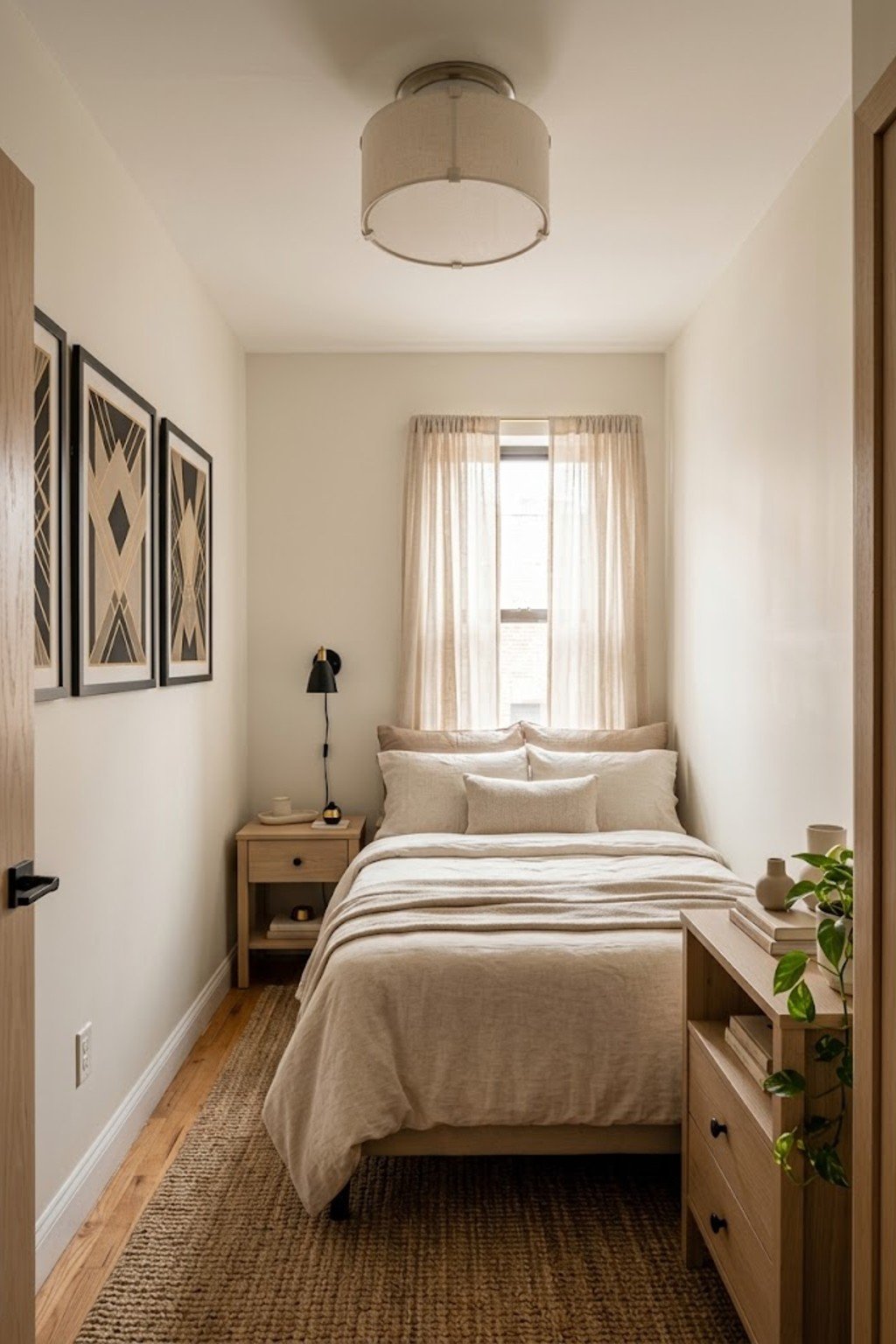 Clip-on drum shade covering a basic ceiling light in a rental bedroom