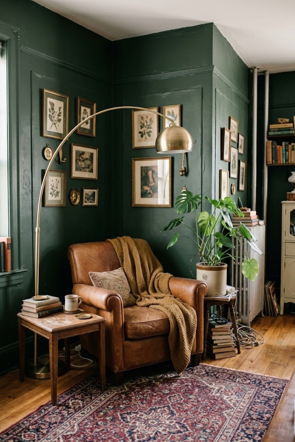 Arc floor lamp over a reading chair in a small apartment