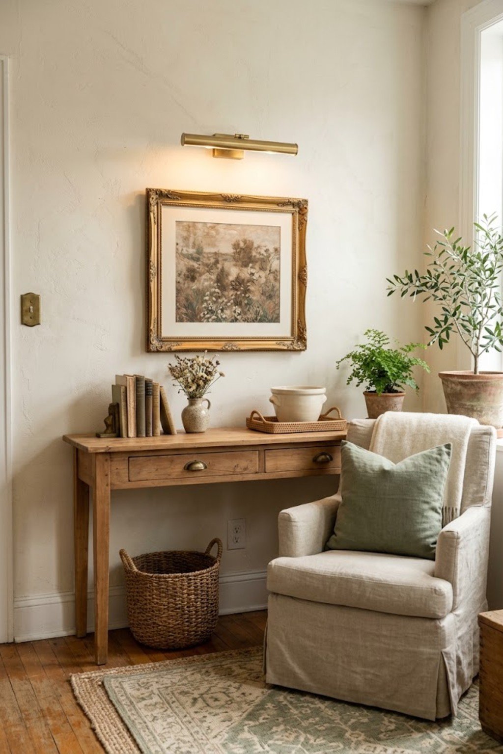 Battery-powered picture light above framed art