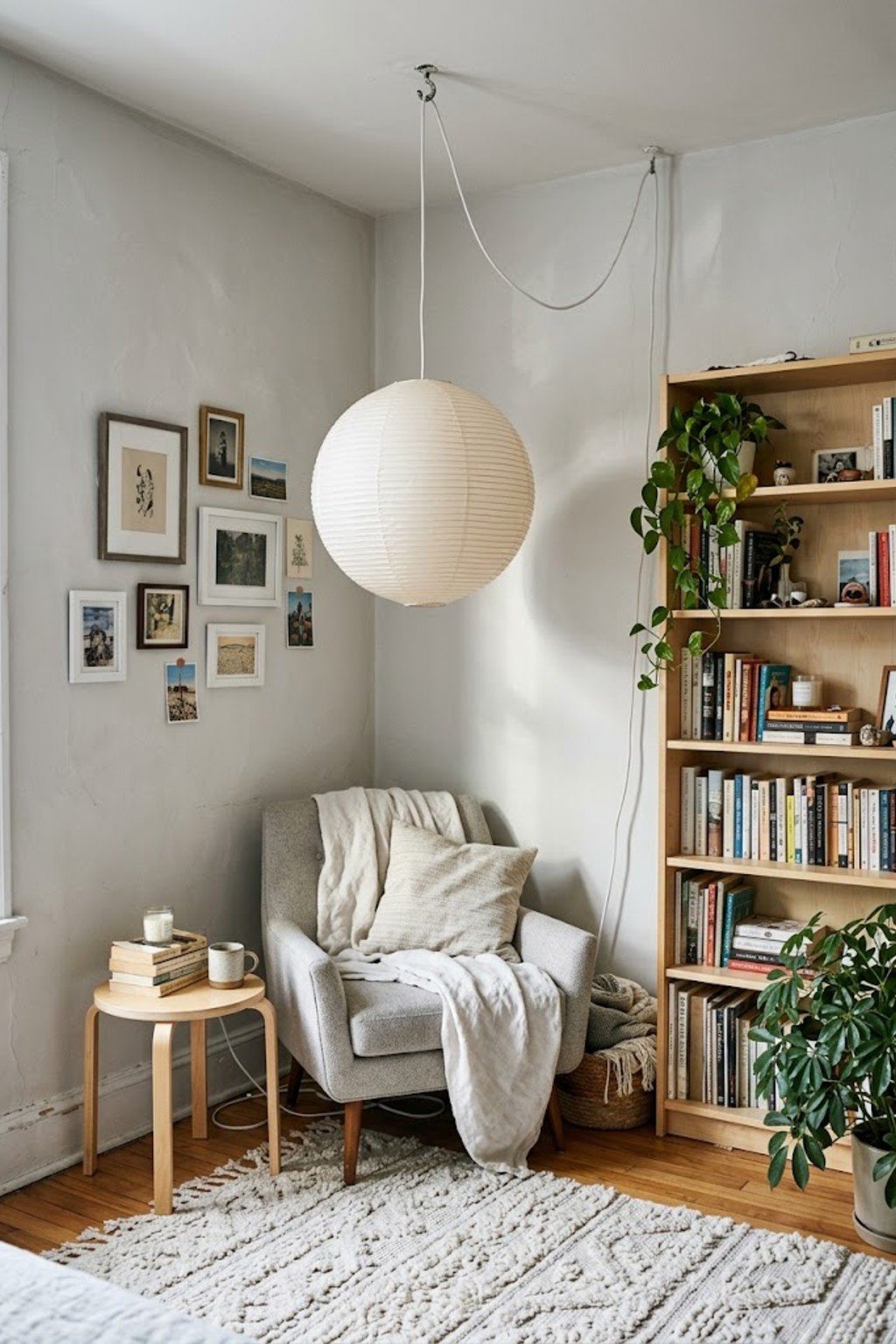 Plug-in paper lantern pendant hung from a swag hook