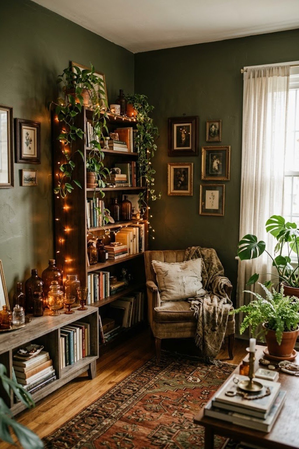 Warm string lights on an open bookshelf