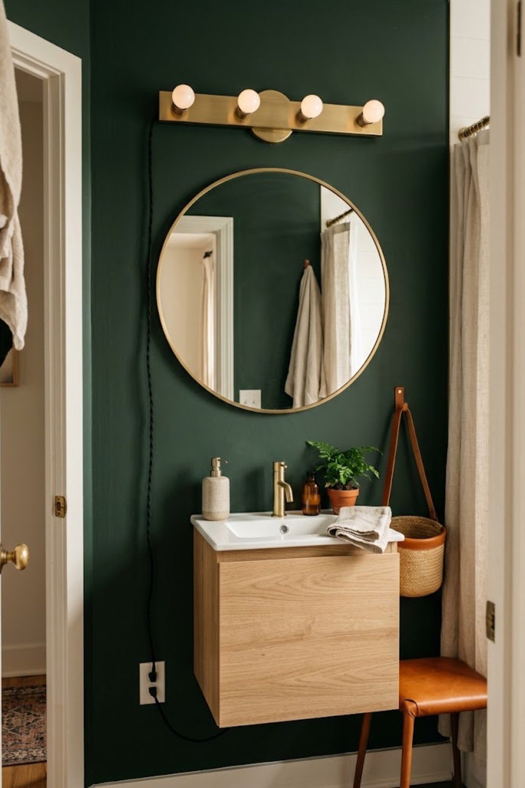 Plug-in vanity light bar above a rental bathroom mirror