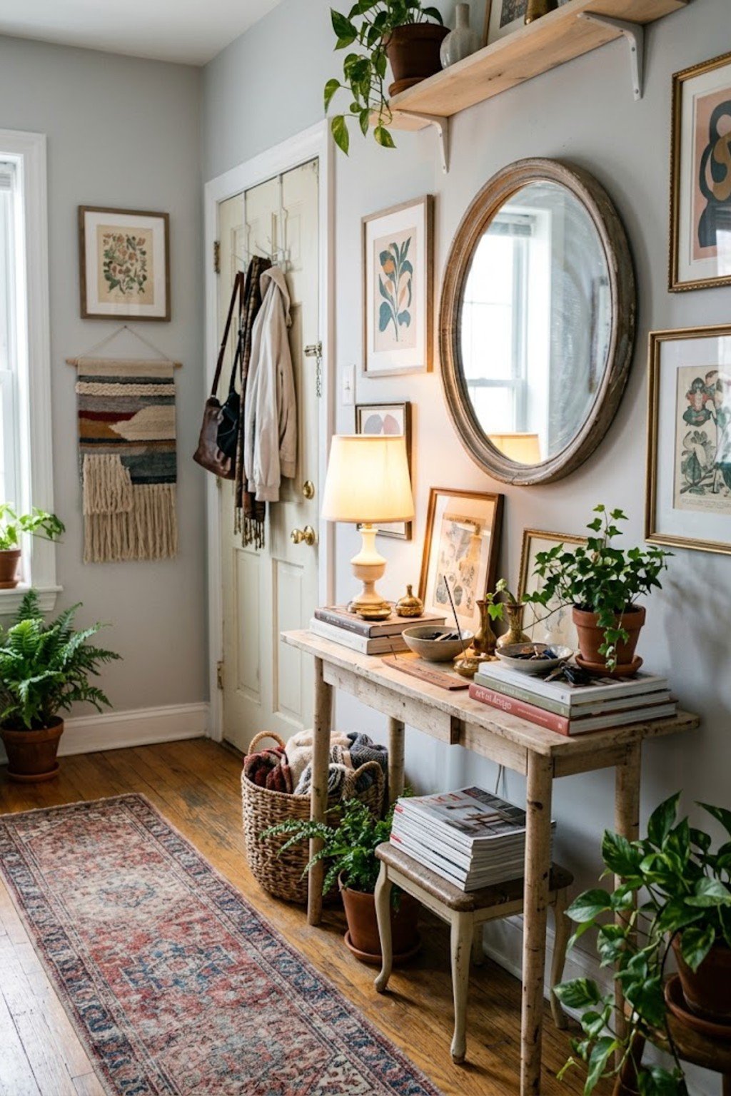 Small table lamp on a smart plug in an apartment entryway