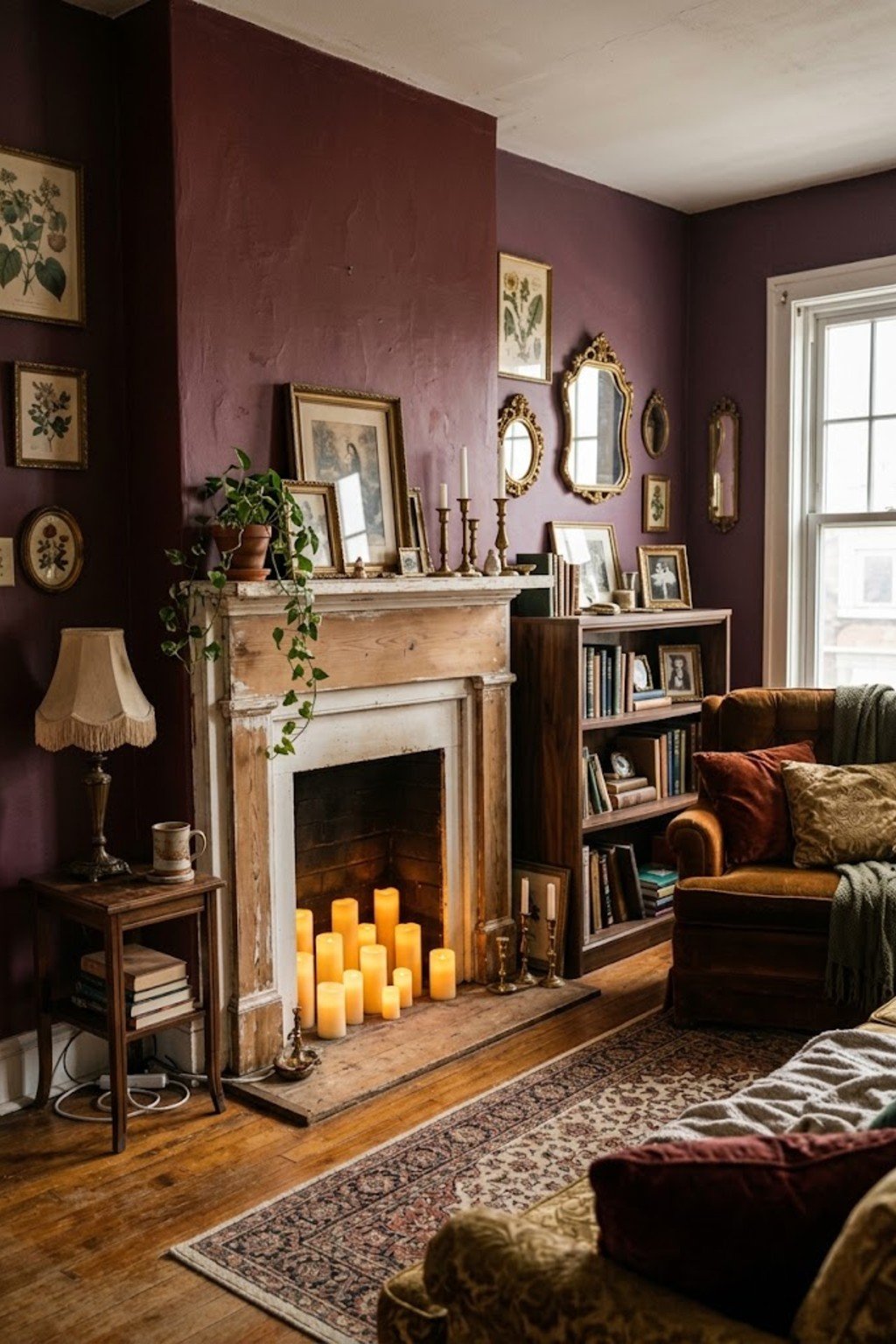 Flameless LED candles in a non-working fireplace
