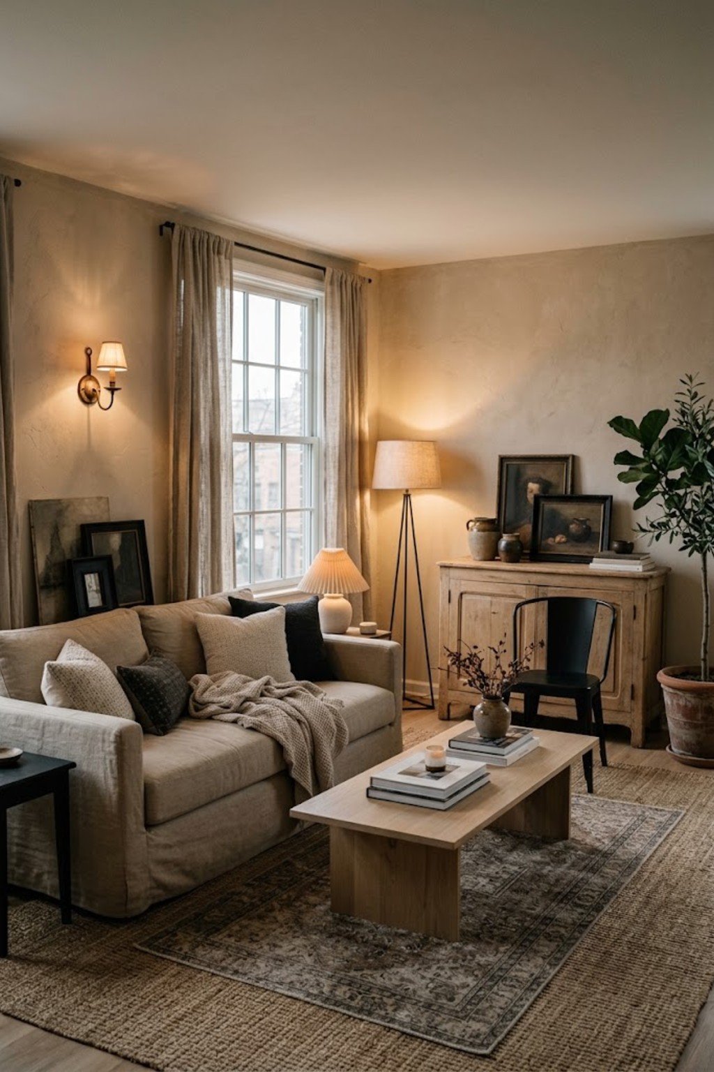 Living room with layered lamp, floor lamp and string lighting