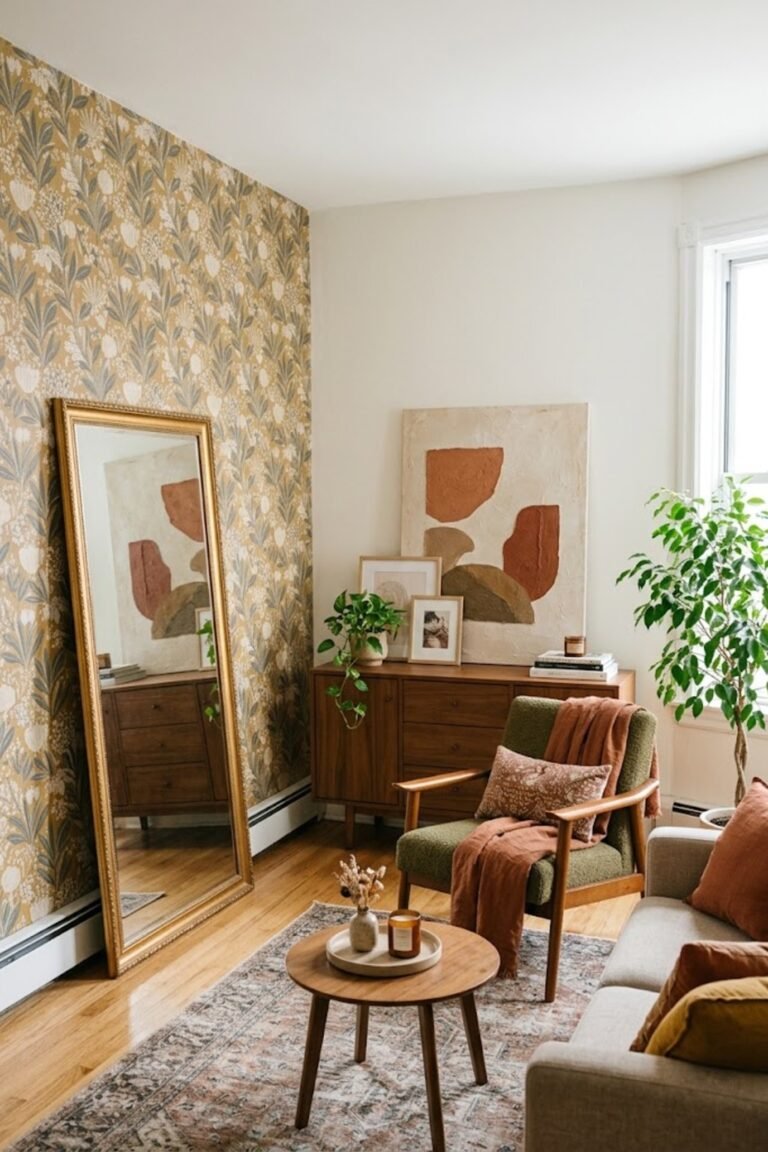 Small apartment living room with peel-and-stick wallpaper and leaning art
