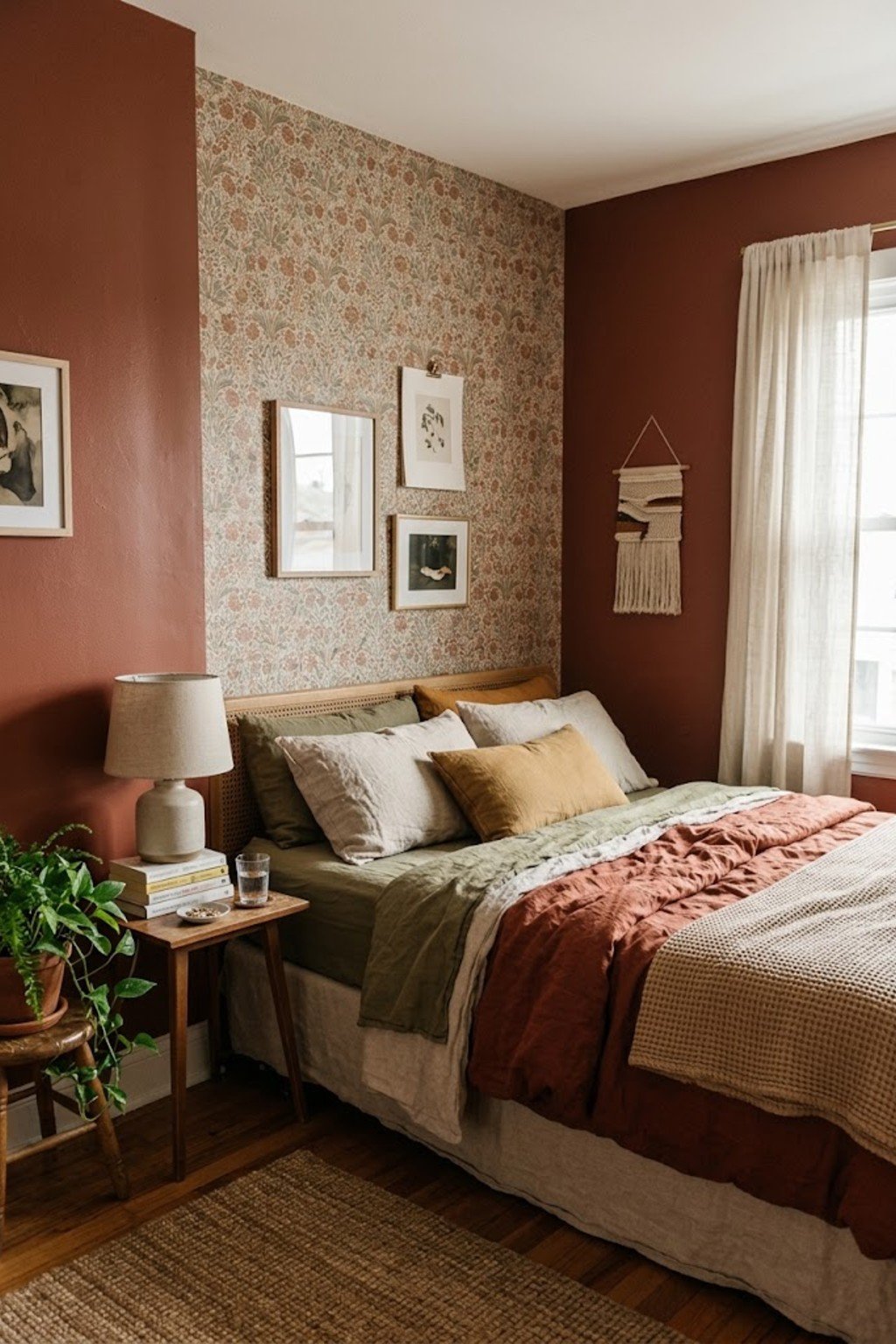 Peel-and-stick wallpaper accent wall behind a bed