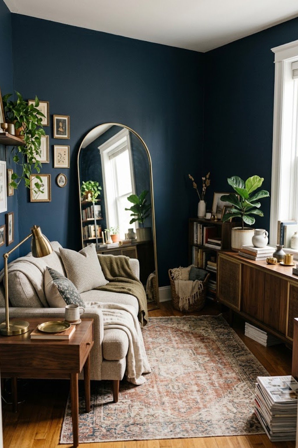 Oversized mirror leaning against a living room wall