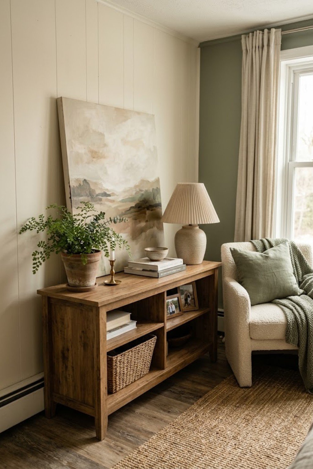 Large canvas art leaning on a console table