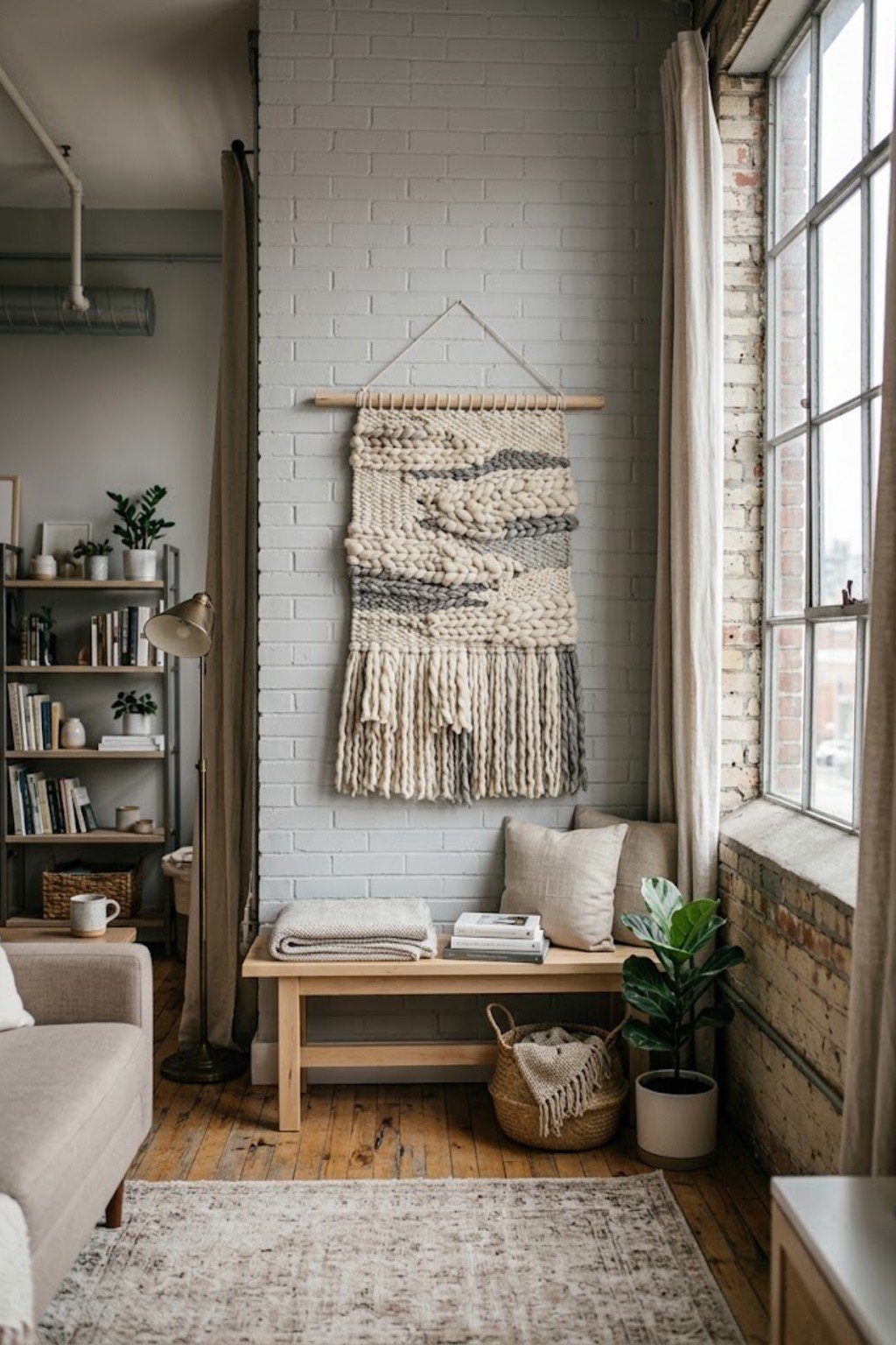 Woven textile hanging from a wooden dowel