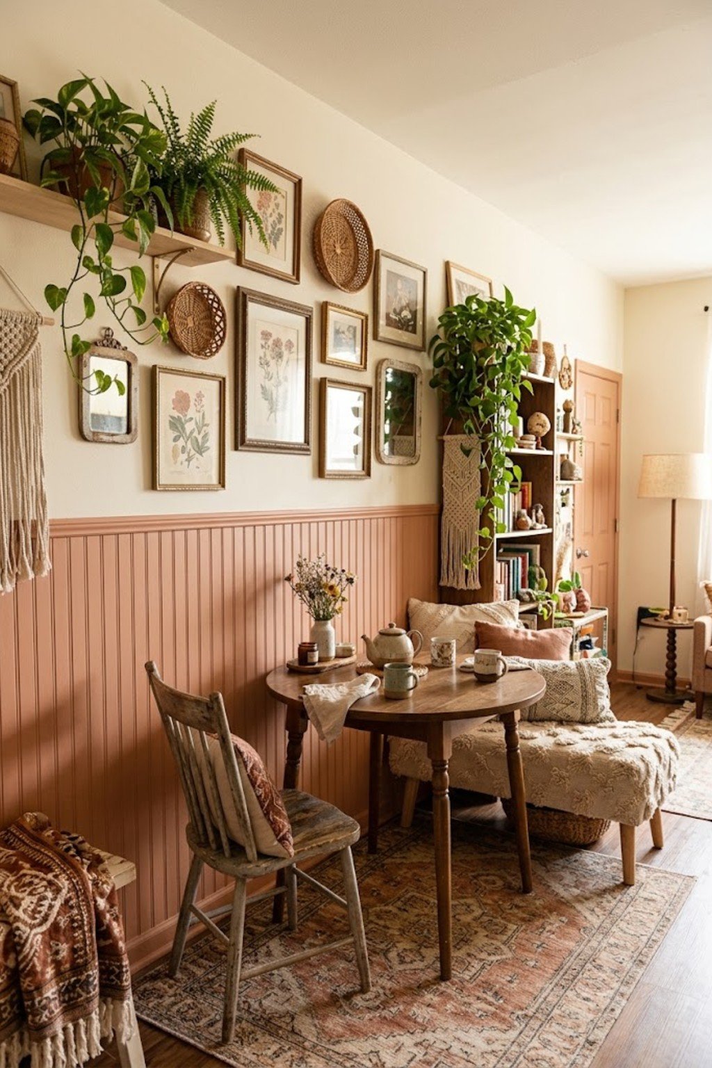 Peel-and-stick beadboard panels in a small dining nook