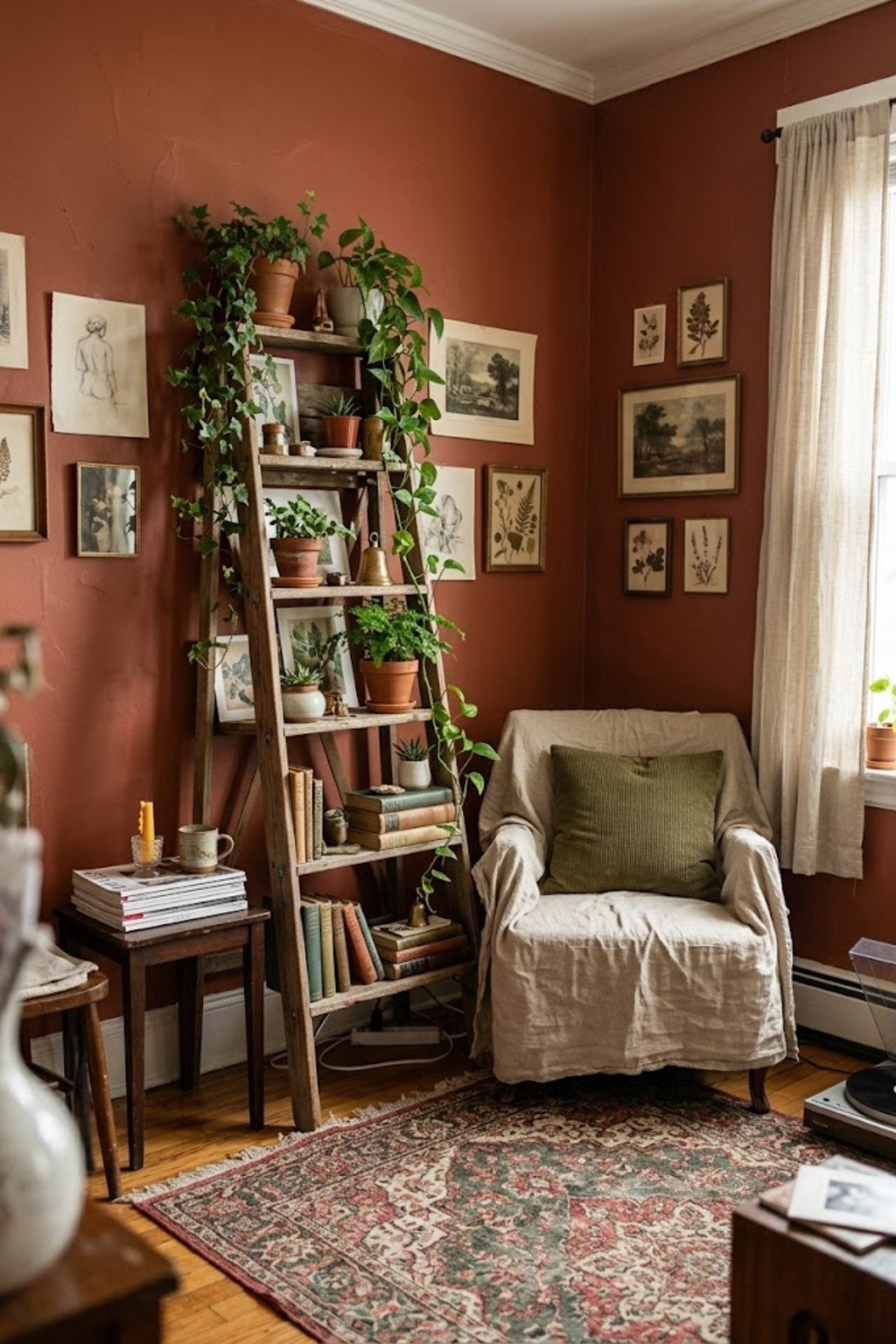 Freestanding ladder shelf against a bare wall