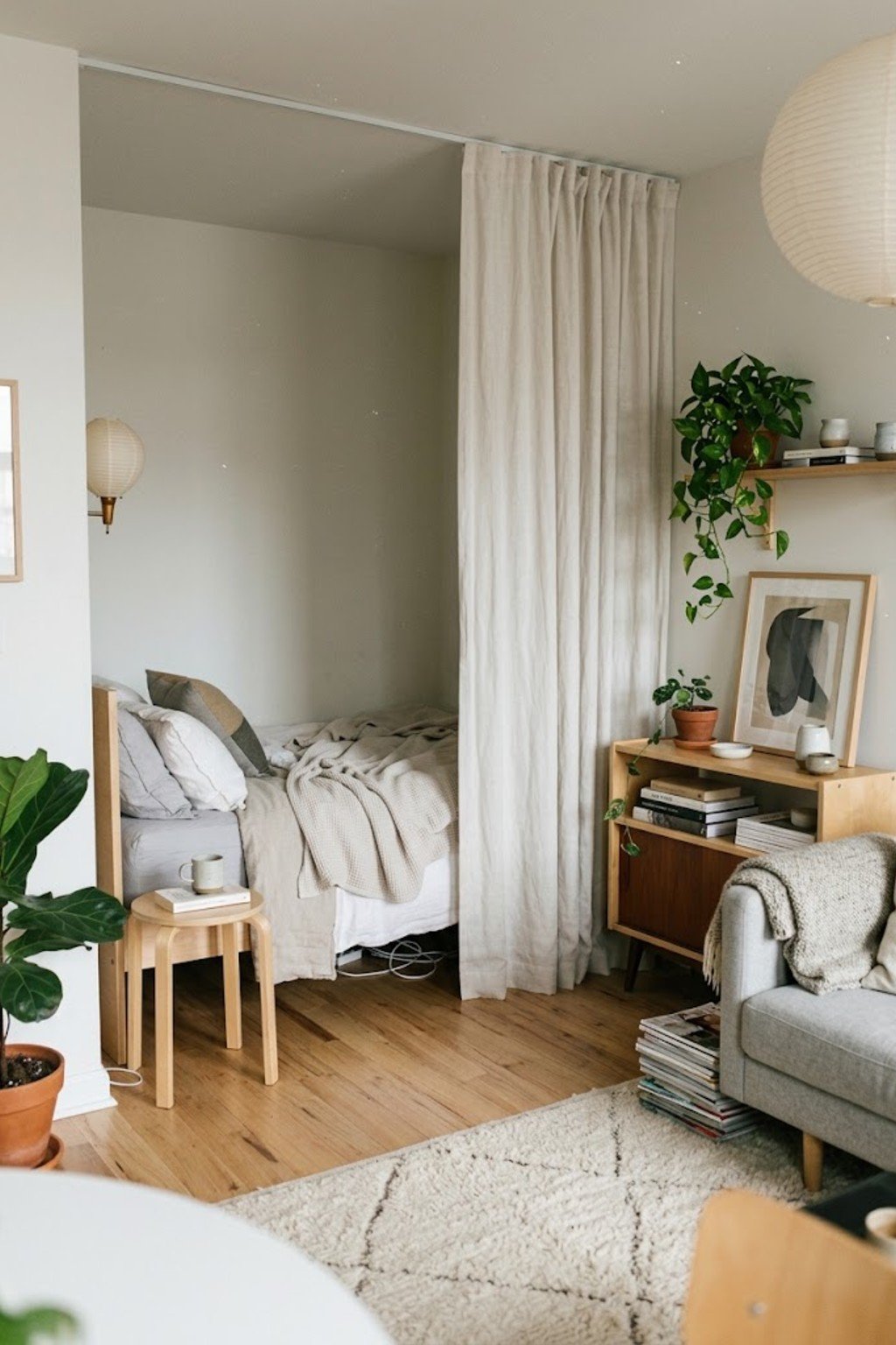 Floor-to-ceiling curtain behind a bed as a soft wall