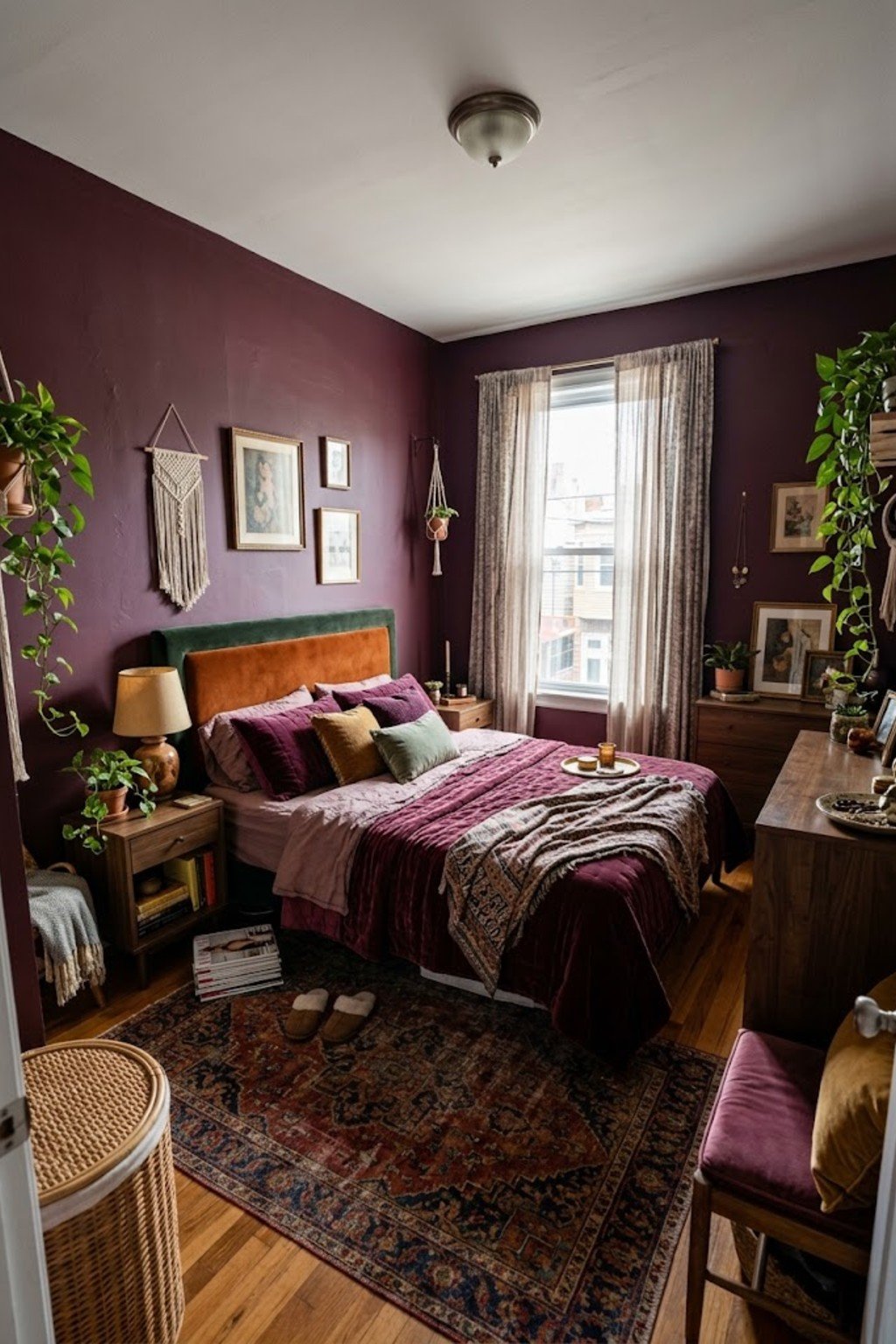 Upholstered headboard panel leaning behind a bed