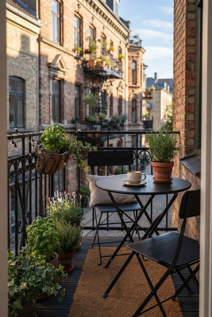 Narrow city apartment balcony with a black folding bistro table and chairs, coffee cup and potted herbs in morning sun