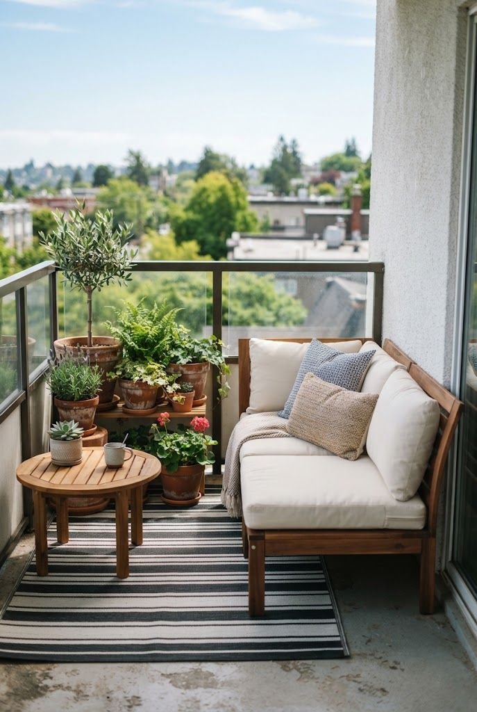 Striped black and white outdoor rug under a teak loveseat with cream cushions on a small concrete apartment balcony
