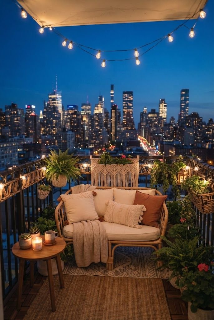 Warm cafe string lights zigzagging over a small balcony with a rattan loveseat and a glowing city skyline at dusk
