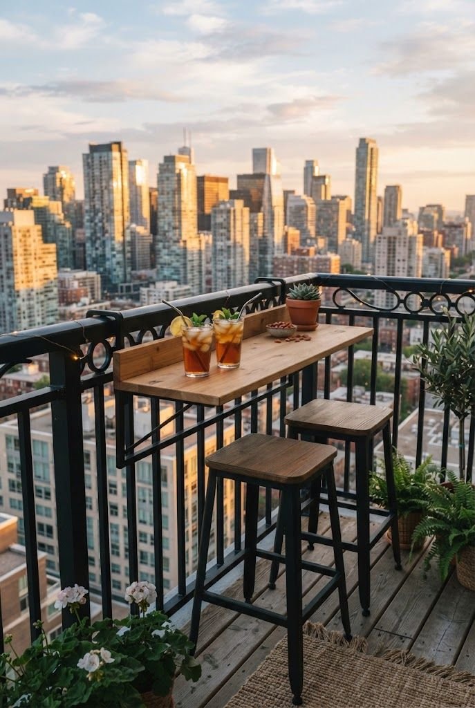 Wooden bar table hooked over a balcony railing with two stools and iced tea overlooking a city skyline at golden hour