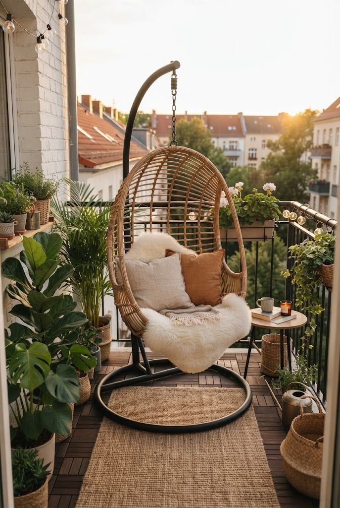 Rattan hanging egg chair with a sheepskin and pillows on a freestanding stand on a plant-filled apartment balcony