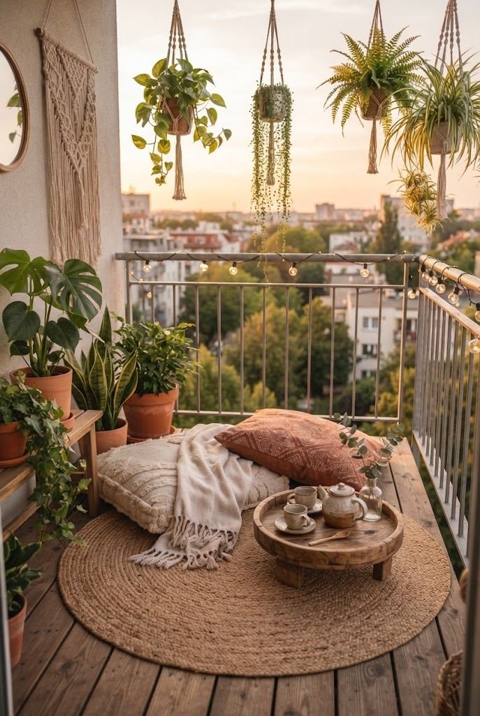 Boho apartment balcony with floor cushions, a round jute rug, a low tray table with a tea set and macrame plant hangers