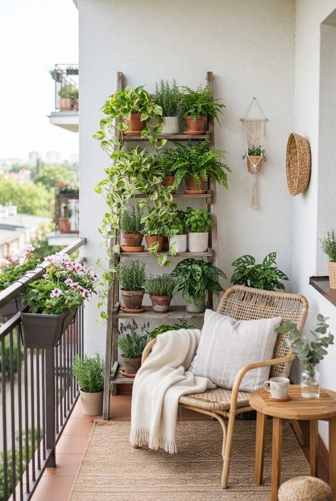 Wooden ladder plant stand full of pothos, ferns and herbs against a white wall beside a rattan chair on a balcony