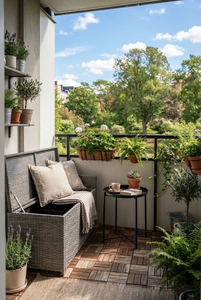 Gray wicker outdoor storage bench with cushions and a small side table on a sunny apartment balcony with deck tiles