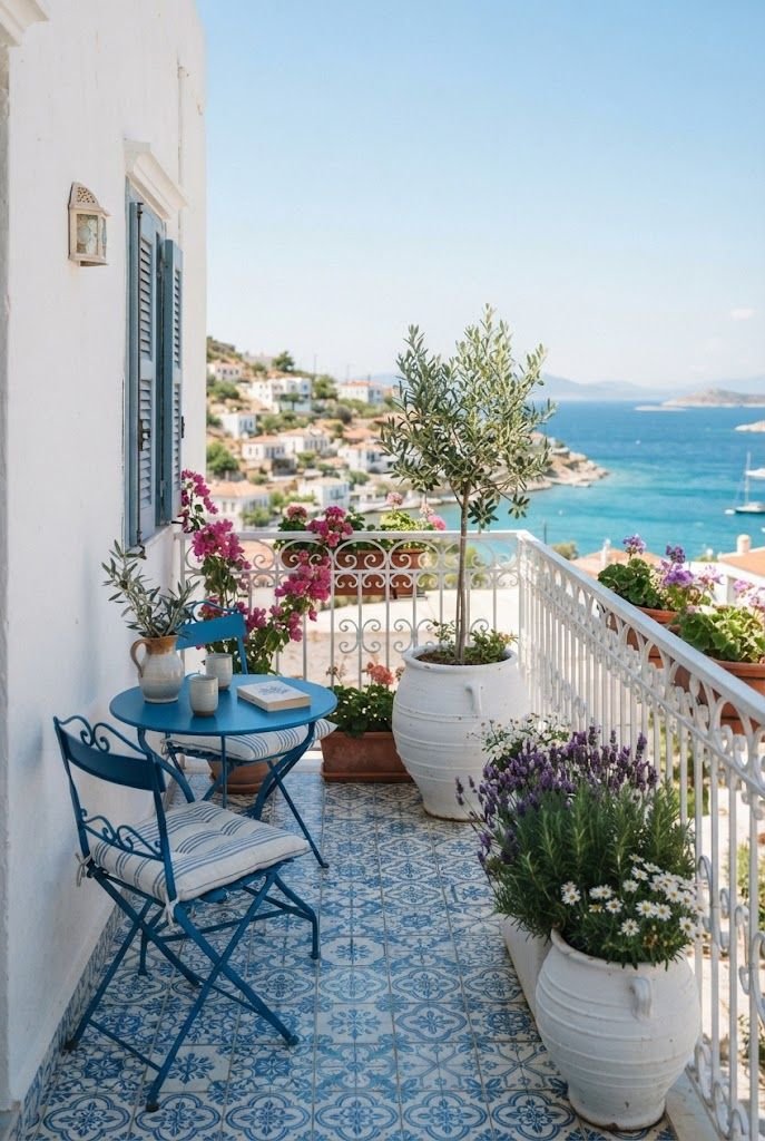 Mediterranean-style balcony with blue and white patterned tiles, a blue bistro set, olive tree and lavender in white pots