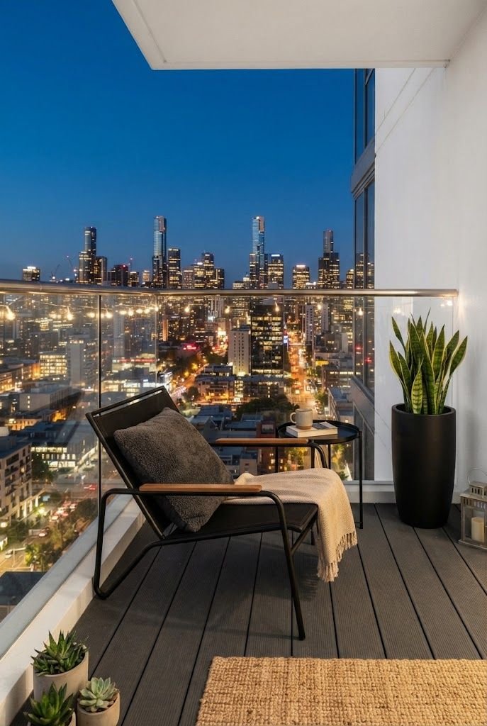 Modern high-rise balcony with a black lounge chair, snake plant in a black planter and glass railing over city lights