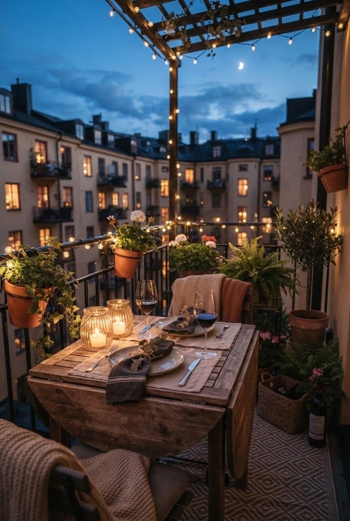 Wooden drop-leaf table set for two with candle lanterns under string lights on an apartment balcony at dusk