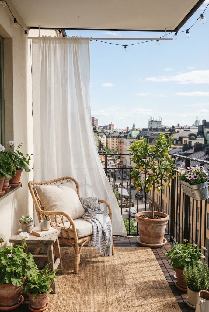 White outdoor curtain on a tension rod shading a rattan chair and potted citrus tree on a sunny apartment balcony